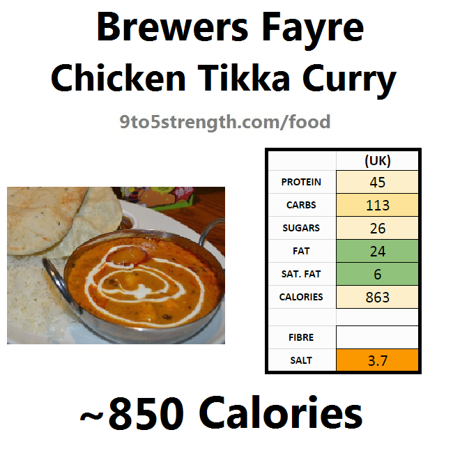 brewers fayre nutrition information calories chicken tikka curry