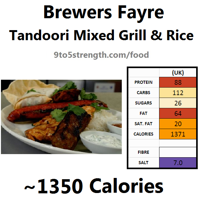 brewers fayre nutrition information calories tandoori mixed grill rice