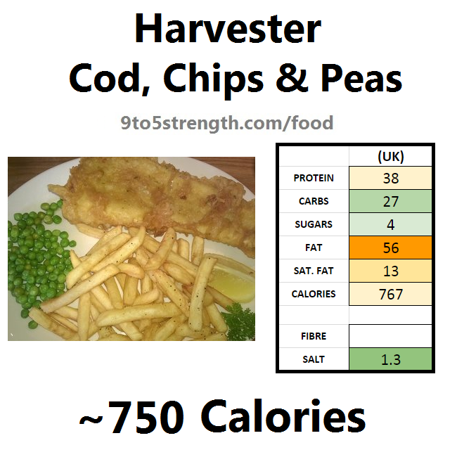 harvester nutrition information calories cod chips peas