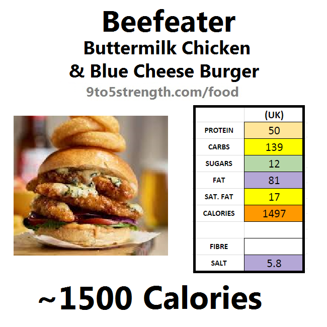 calories in beefeater buttermilk chicken blue cheese burger