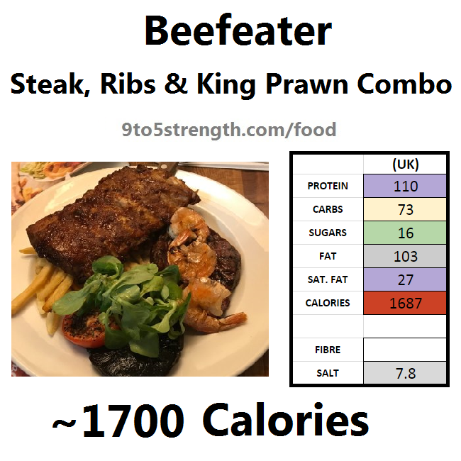 calories in beefeater steak ribs king prawn combo
